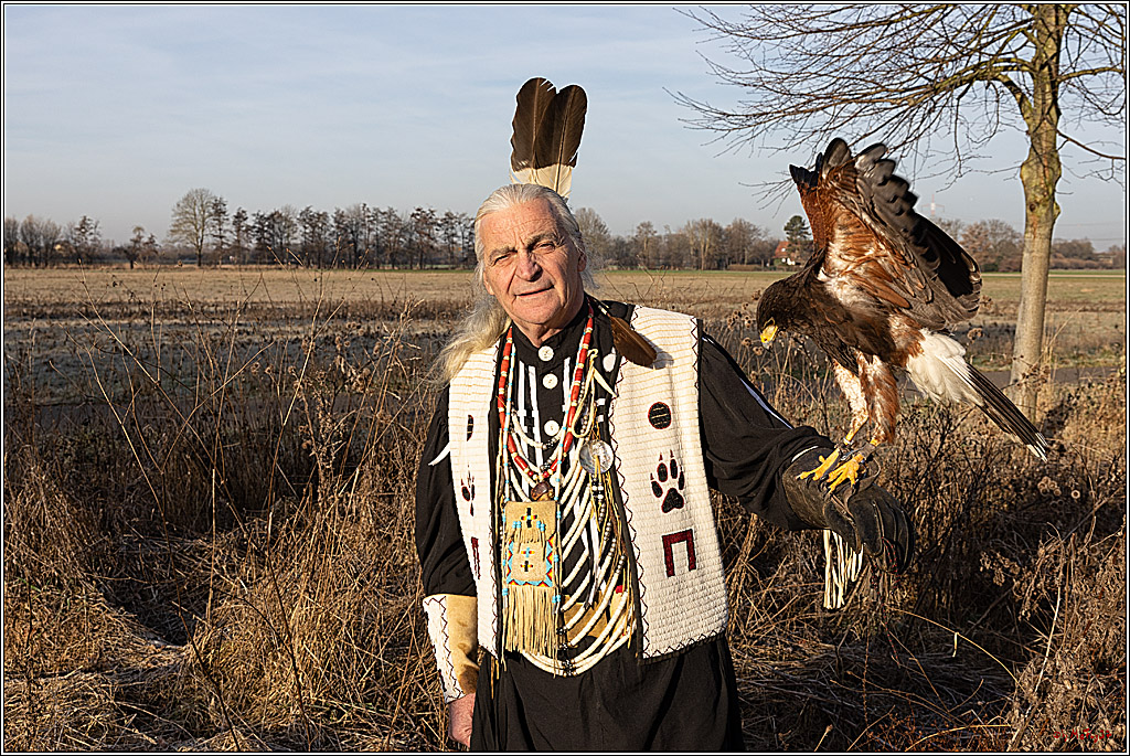 Cheyenne-Halbblut Hunting Wolf in der Falknerei Pierre Schmidt; Gymnich, 09.02.2023